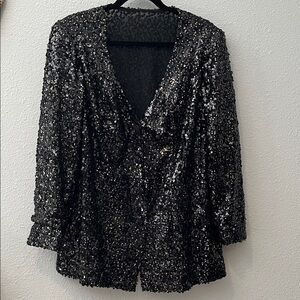 Sequined Black Jacket
Custom made
Fully lined 
Beaded front button closure 
Sz L